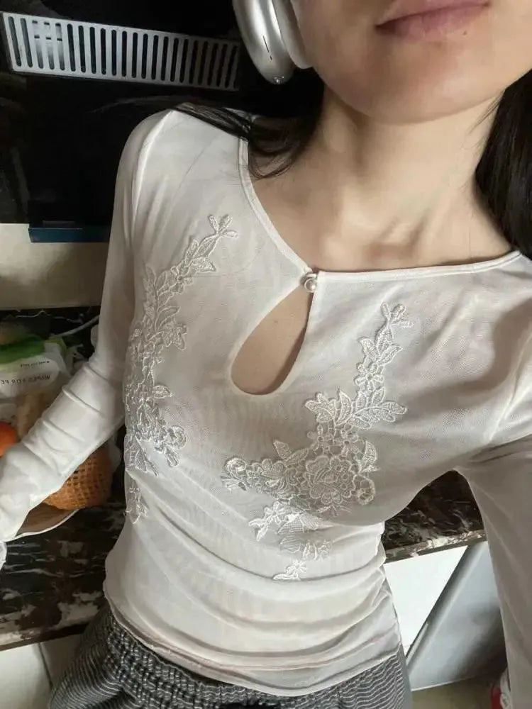 Y2K Floral Mesh Top