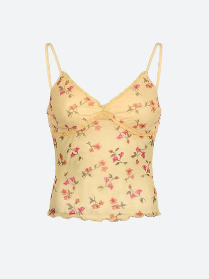 Y2K Floral Open Back Mesh Top
