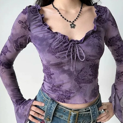 Y2K Floral Purple Top