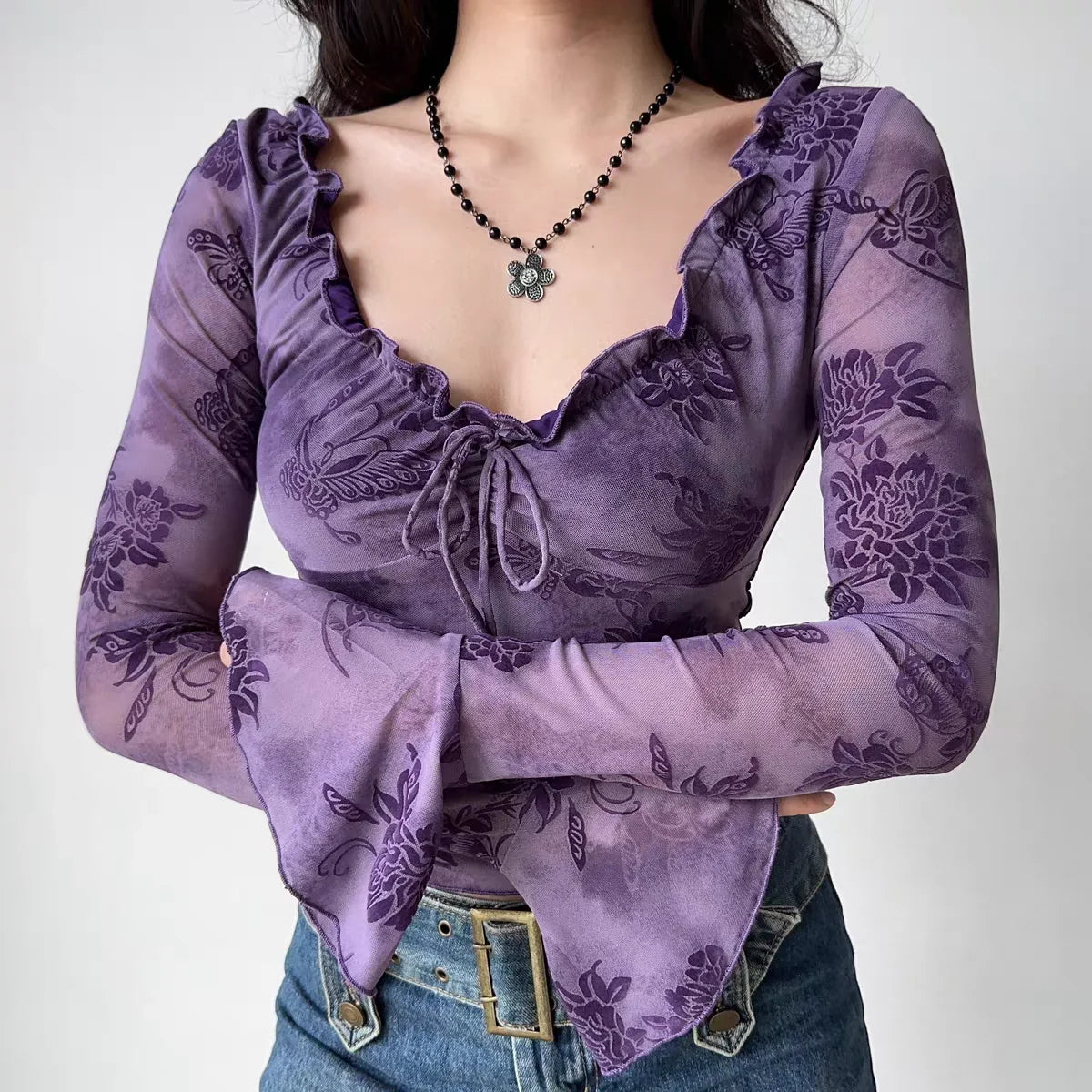 Y2K Floral Purple Top