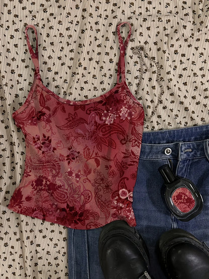Y2K Floral Sheer Cami Crop Top