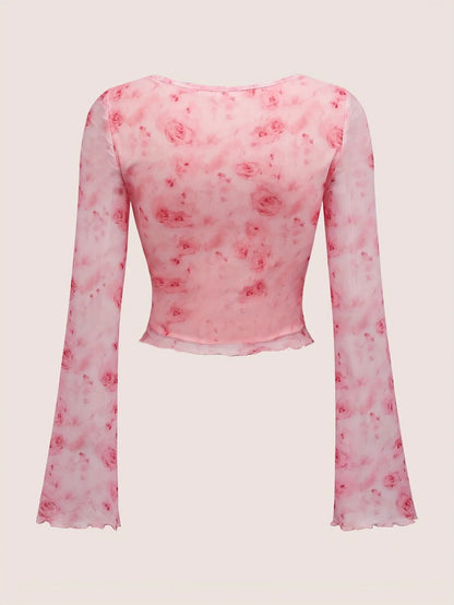 Y2K Floral Tie Front Bow Top
