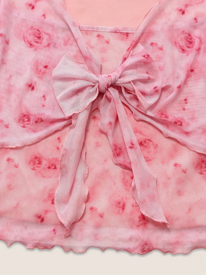 Y2K Floral Tie Front Bow Top