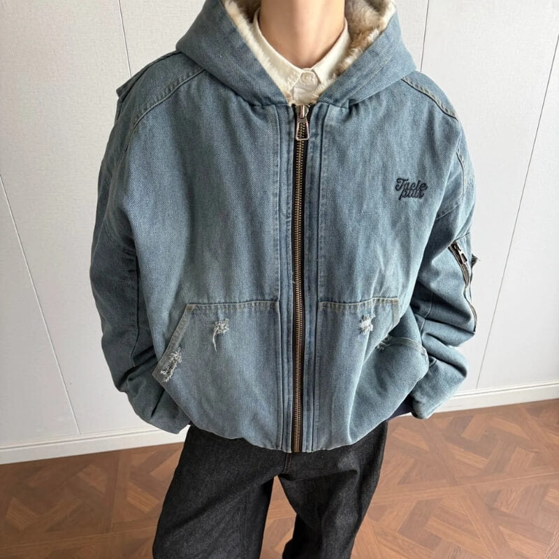 Y2K Fur Lined Hooded Denim Jacket