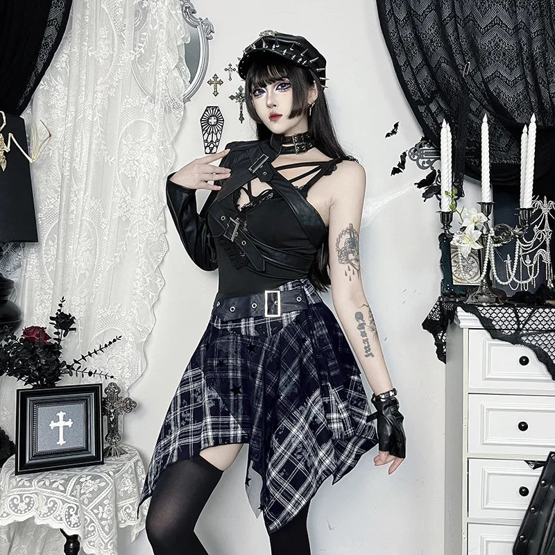 Y2K Goth Asymmetrical Plaid Skirt