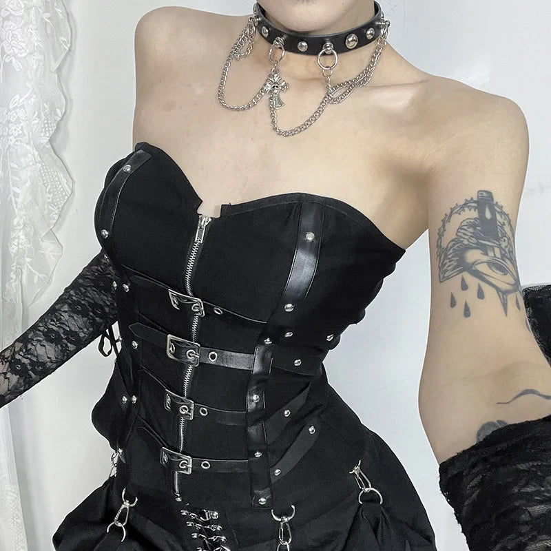 Y2K Goth Buckle Zip Up Top