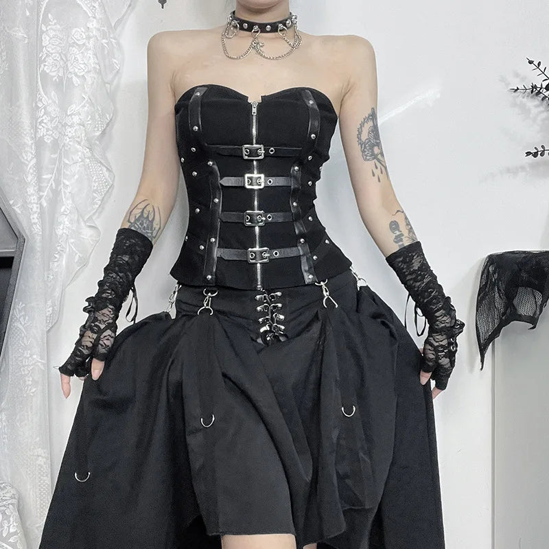 Y2K Goth Buckle Zip Up Top