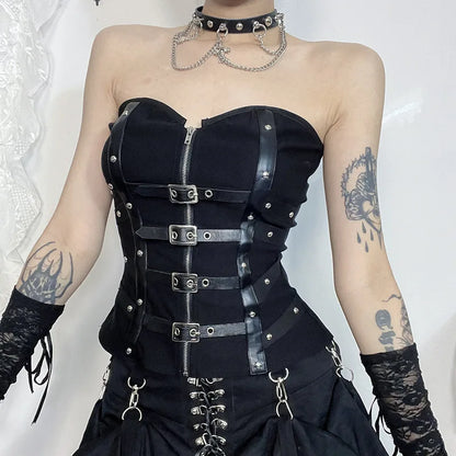 Y2K Goth Buckle Zip Up Top