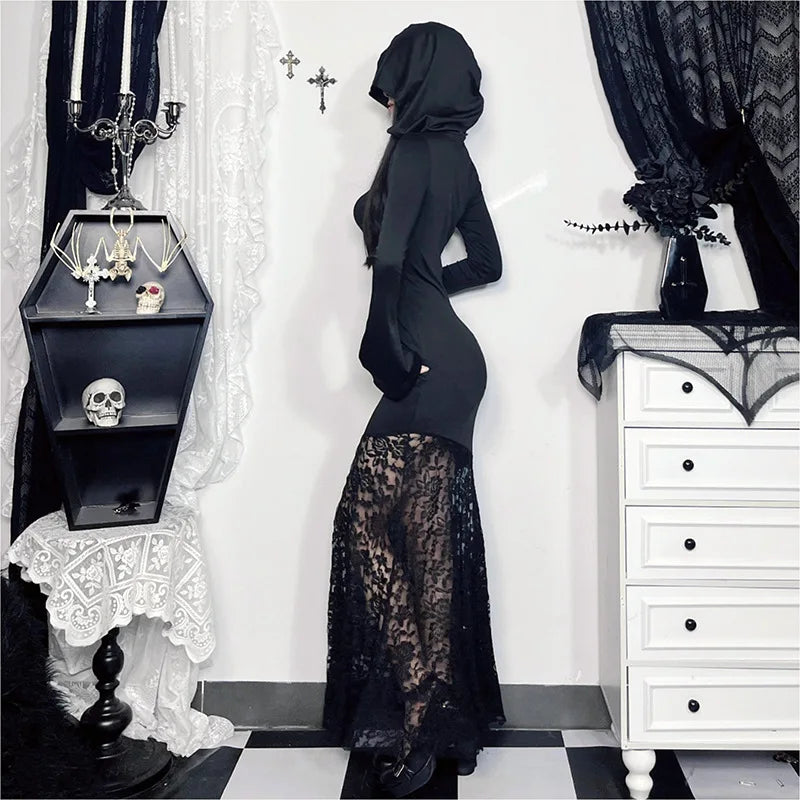 Y2K Goth Cross Hooded Maxi Dress