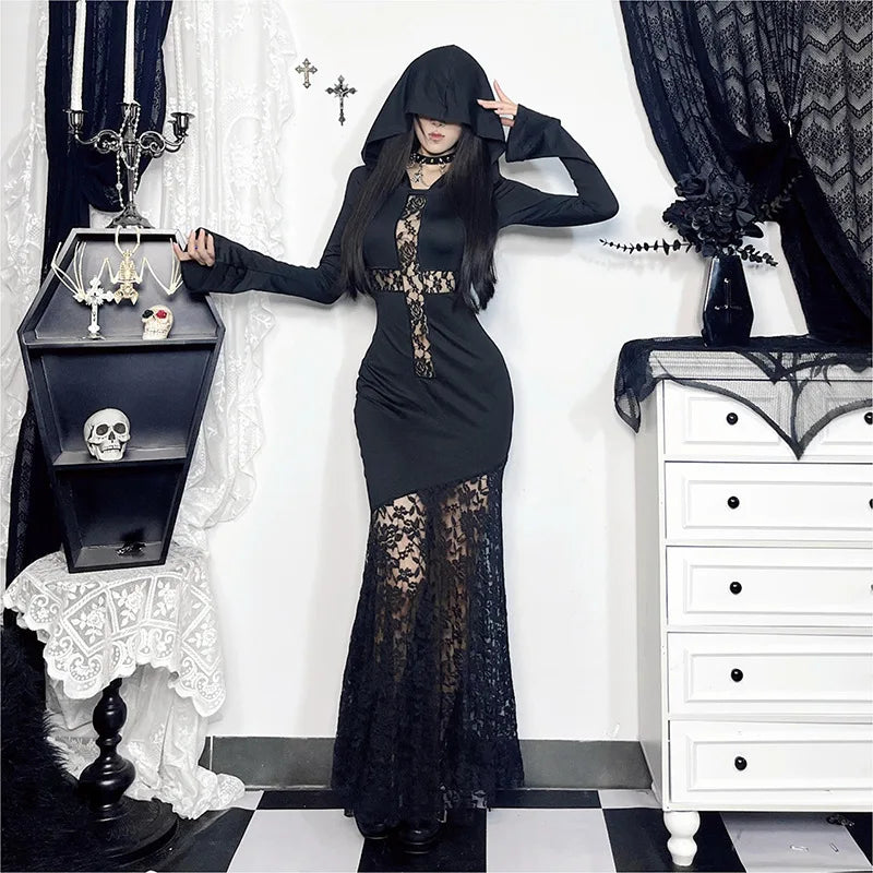 Y2K Goth Cross Hooded Maxi Dress