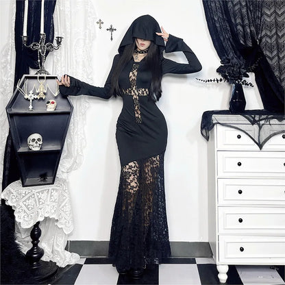 Y2K Goth Cross Hooded Maxi Dress