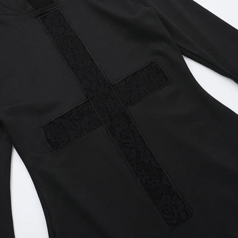 Y2K Goth Cross Hooded Maxi Dress