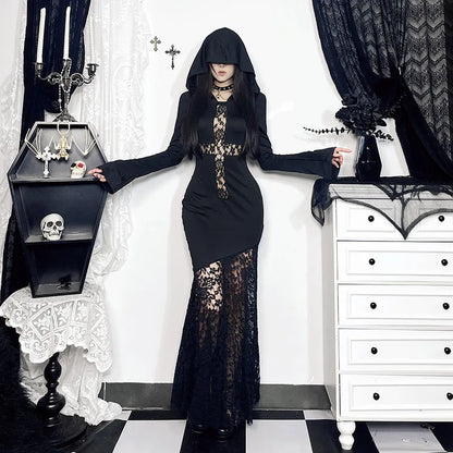 Y2K Goth Cross Hooded Maxi Dress