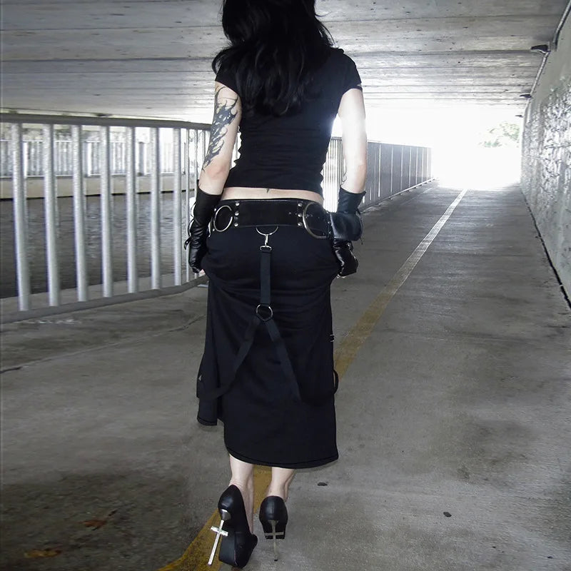Y2K Goth Drawstring Midi Skirt