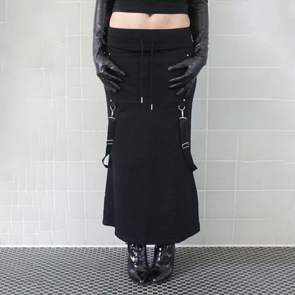 Y2K Goth Drawstring Midi Skirt