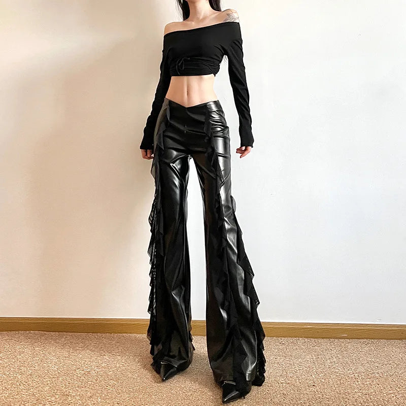 Y2K Goth Faux Leather Flare Pants