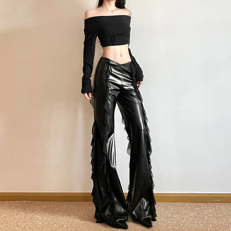 Y2K Goth Faux Leather Flare Pants