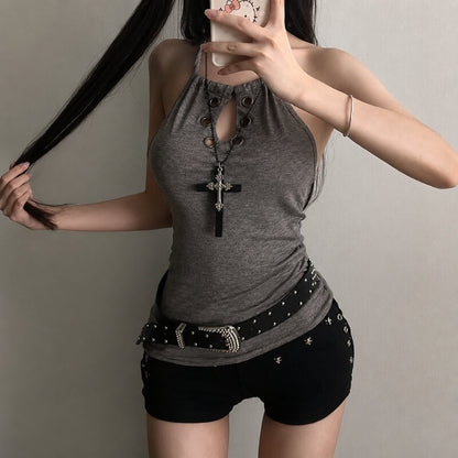 Y2K Goth Grommet Halter Top