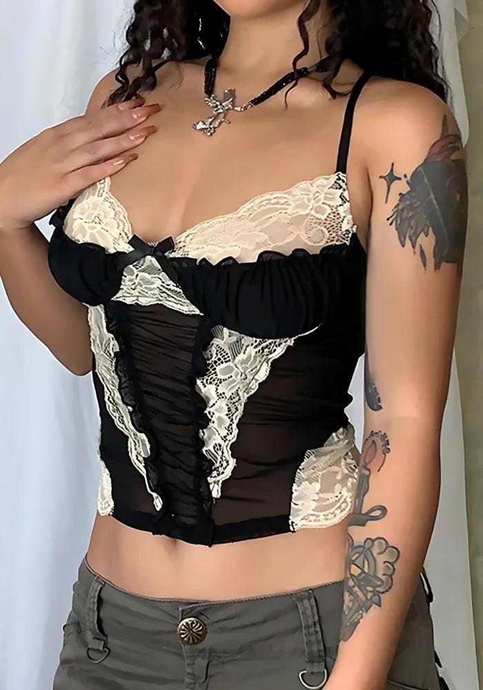 Y2K Goth Lace Sheer Cropped Top
