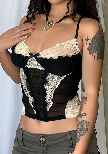 Y2K Goth Lace Sheer Cropped Top