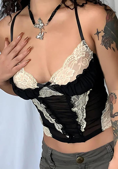 Y2K Goth Lace Sheer Cropped Top