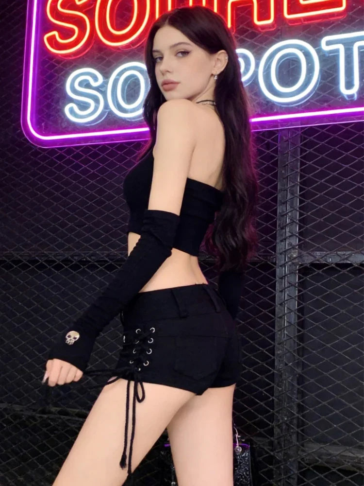 Y2K Goth Lace Up Micro Shorts