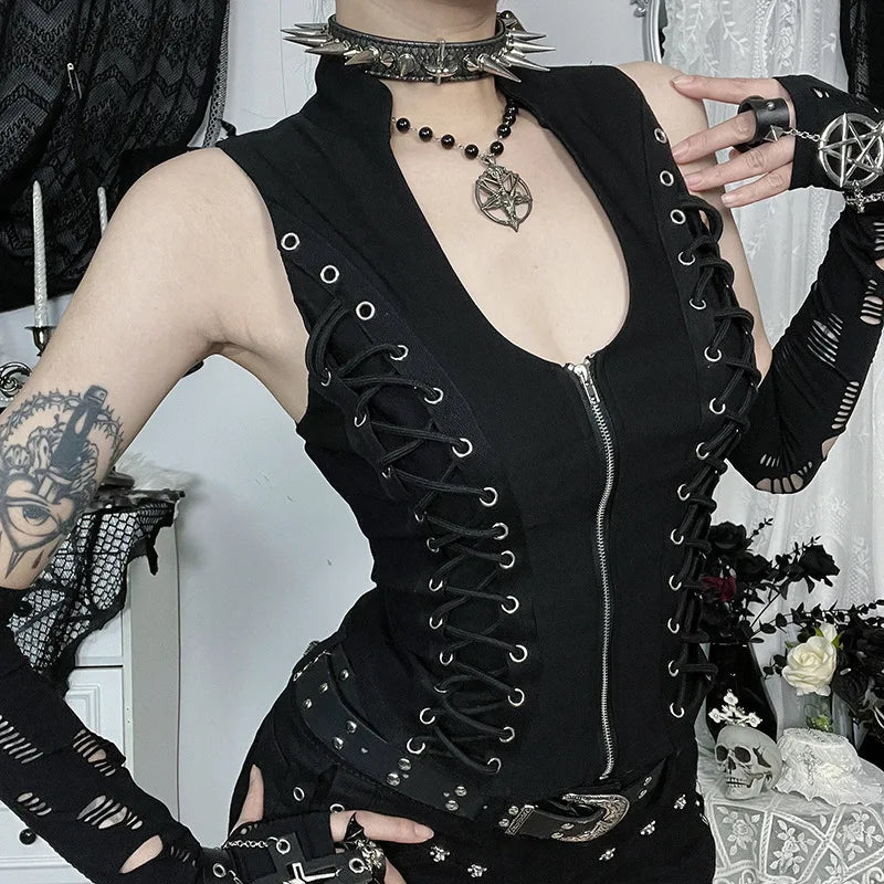 Y2K Goth Lace Up Zip Top