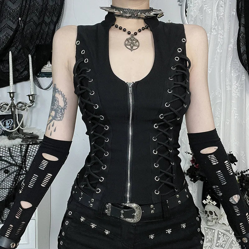 Y2K Goth Lace Up Zip Top