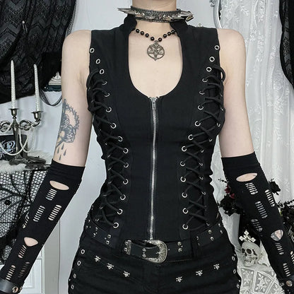 Y2K Goth Lace Up Zip Top