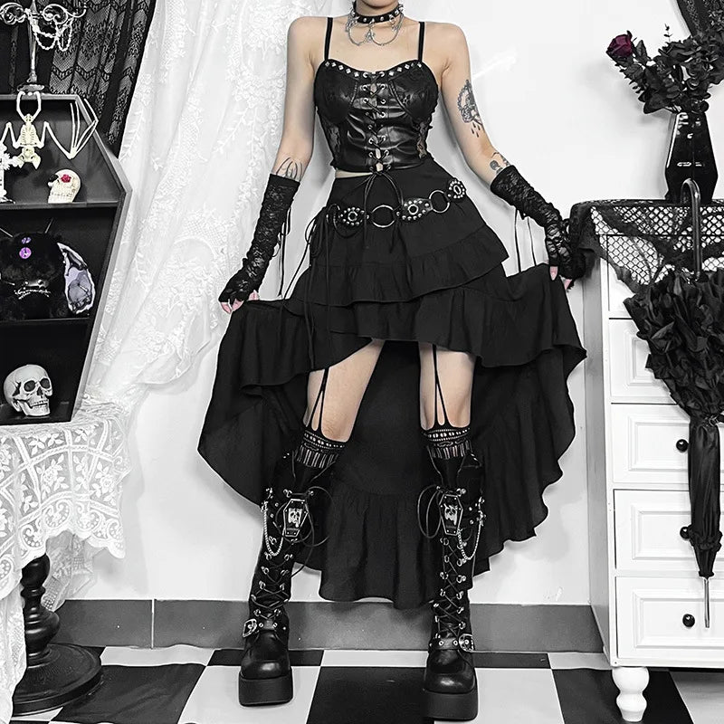 Y2K Goth Layered Asymmetrical Maxi Skirt