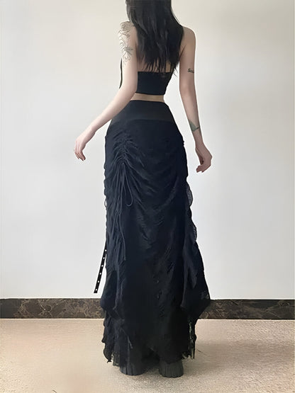 Y2K Goth Ruched Maxi Skirt