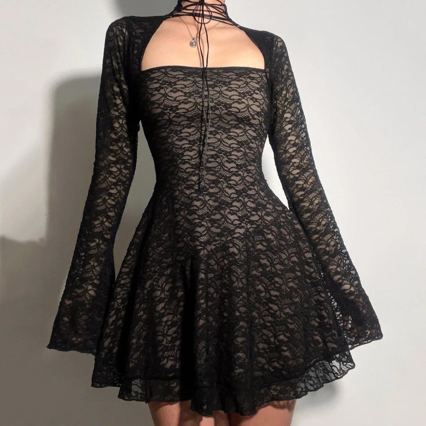 Y2K Goth Sheer Lace Mini Dress
