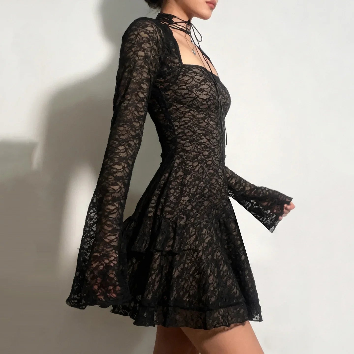 Y2K Goth Sheer Lace Mini Dress