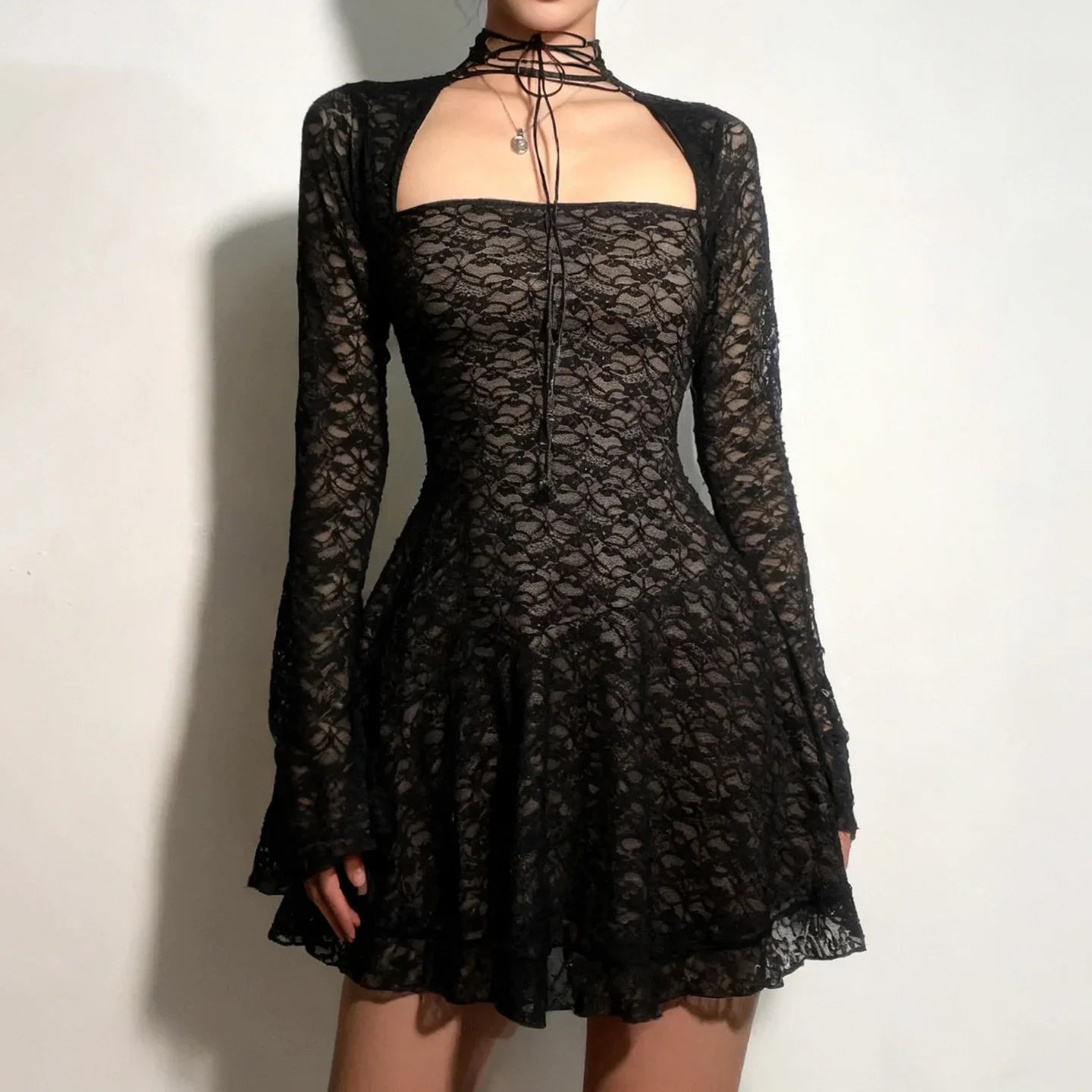 Y2K Goth Sheer Lace Mini Dress