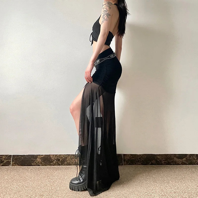 Y2K Goth Sheer Overlay Skirt