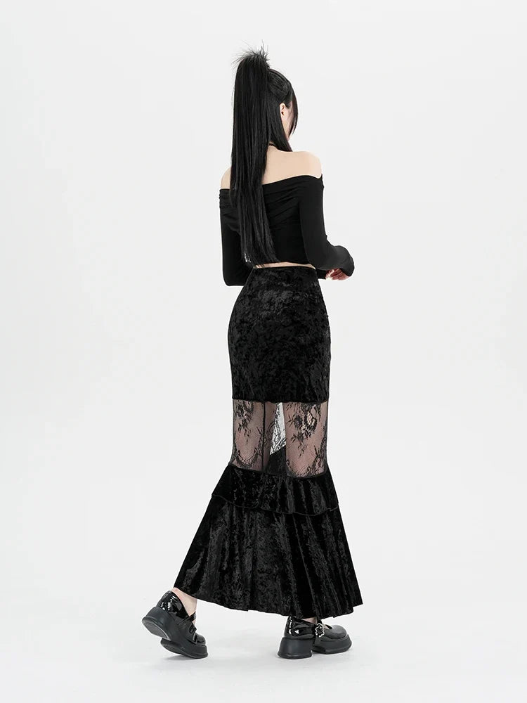 Y2K Goth Velvet Lace Maxi Skirt