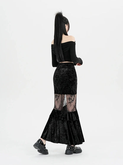 Y2K Goth Velvet Lace Maxi Skirt