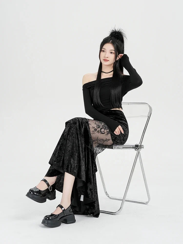 Y2K Goth Velvet Lace Maxi Skirt