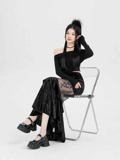 Y2K Goth Velvet Lace Maxi Skirt