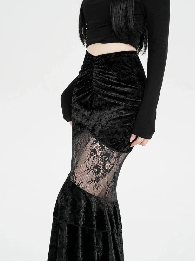 Y2K Goth Velvet Lace Maxi Skirt