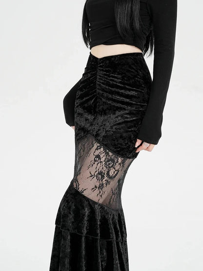Y2K Goth Velvet Lace Maxi Skirt