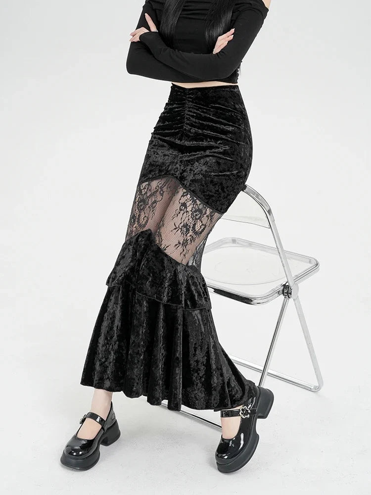 Y2K Goth Velvet Lace Maxi Skirt