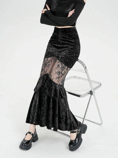Y2K Goth Velvet Lace Maxi Skirt