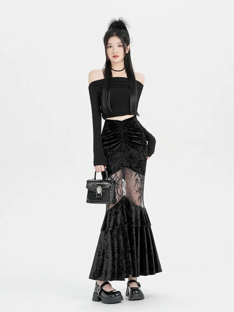 Y2K Goth Velvet Lace Maxi Skirt