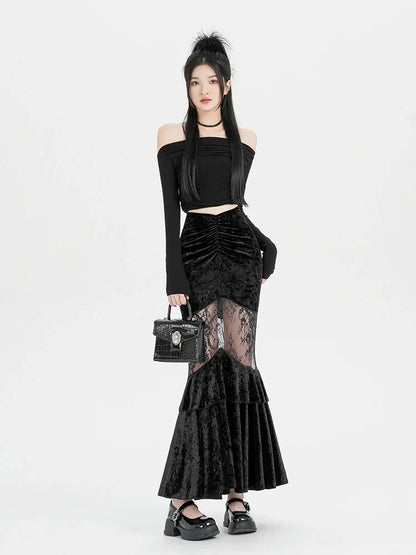 Y2K Goth Velvet Lace Maxi Skirt