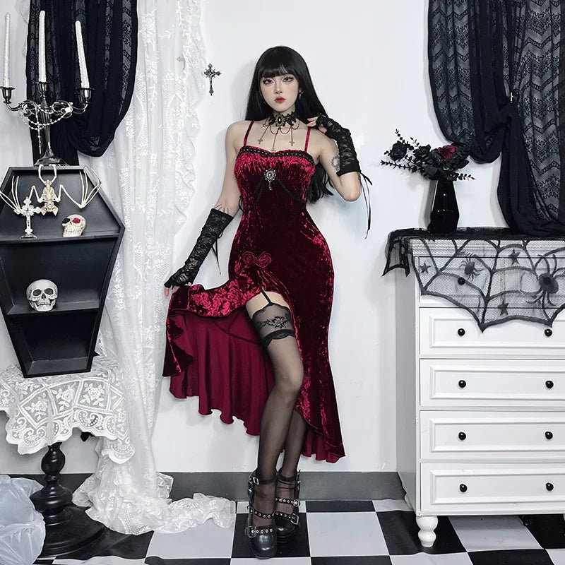 Y2K Goth Velvet Midi Dress