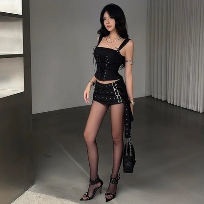Y2K Grommet Top & Mini Skirt Two Piece Set