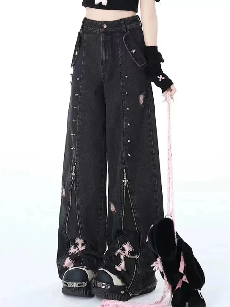Y2K Grunge Cross Zip-Up Jeans