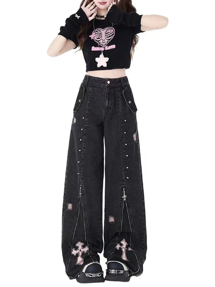 Y2K Grunge Cross Zip-Up Jeans