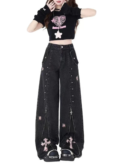 Y2K Grunge Cross Zip-Up Jeans